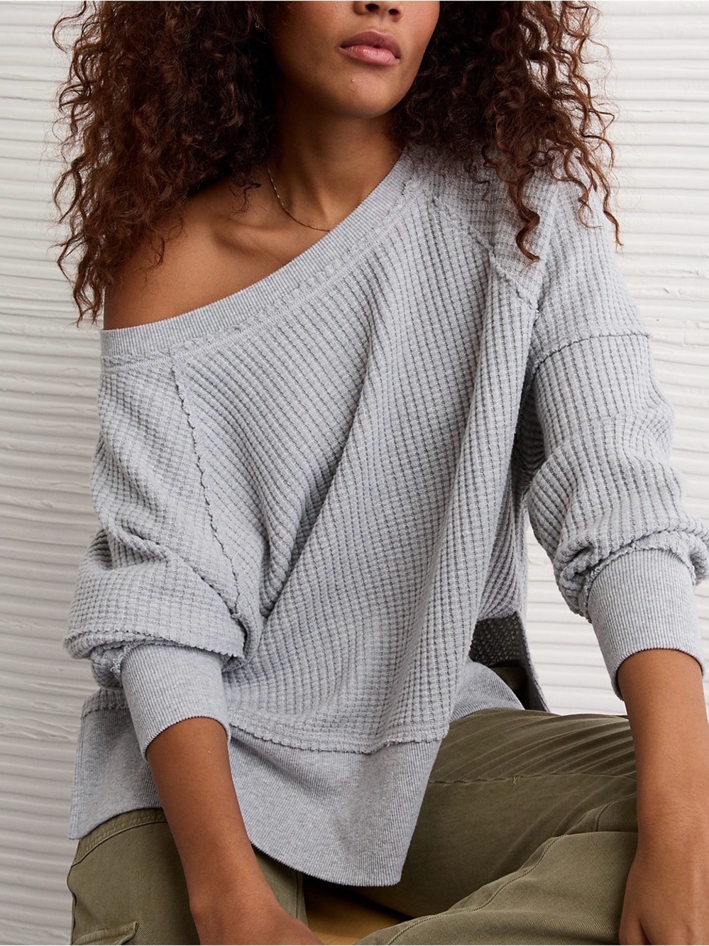 American eagle outfitters big hug off the shoulder waffle sweatshirt
